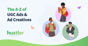 ad creatives and UGC blog banner with people viewing UGC