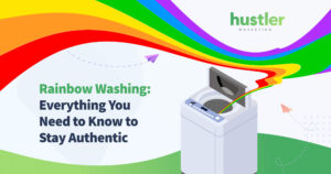 A banner with the text "Rainbow Washing: Everything You Need to Know to Stay Authentic" with a washing machine and rainbow in the background.